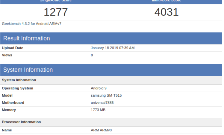 Samsung Tablet spotted on Geekbench with Exynos 7885 SOC & 2GB RAM