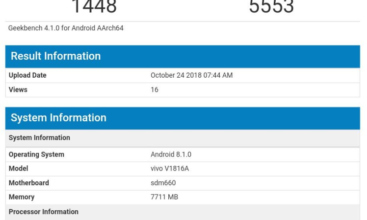 Unknown Vivo V1816A listed on geekbench