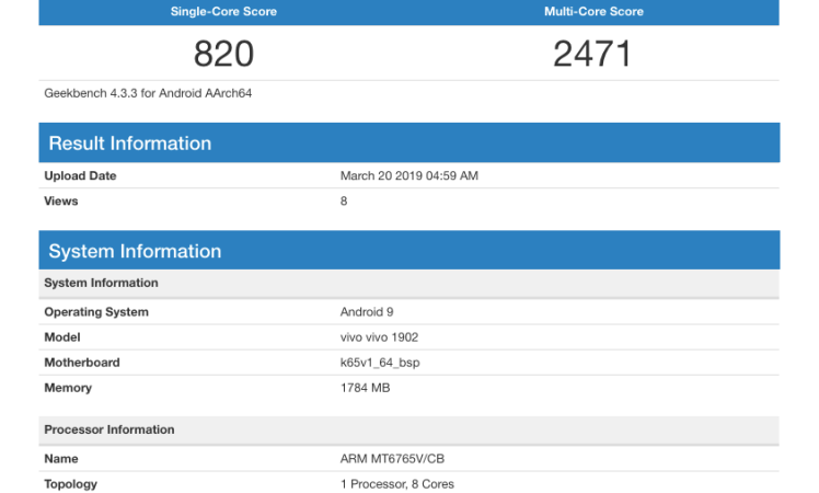 Vivo 1901, 1902 Android 9 Geekbench
