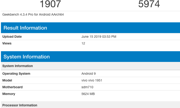 Vivo 1951 SDM 710, 6GB RAM & Android 9 on Geekbench
