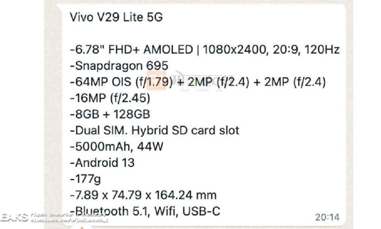 Vivo V29 Lite 5G Specifications leaked