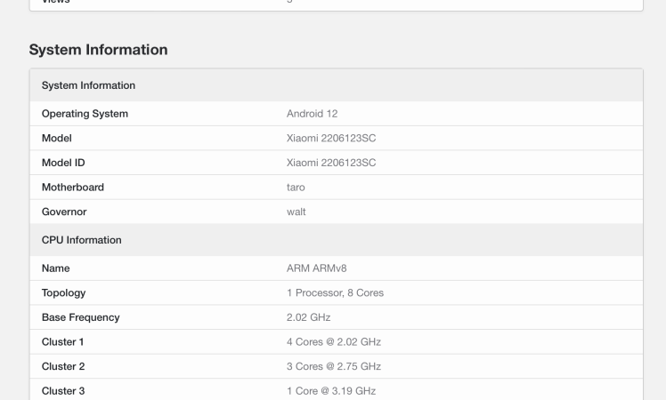 Xiaomi 12s (2206123SC) is listed on Geekbench database.