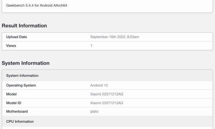 Xiaomi 12T (22071212AG) listed on Geekbench.